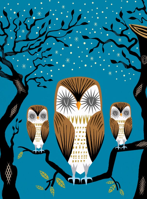 Three Lazy Owls - Animal Art Poster Print by Oliver Lake - iOTA iLLUSTRATiON