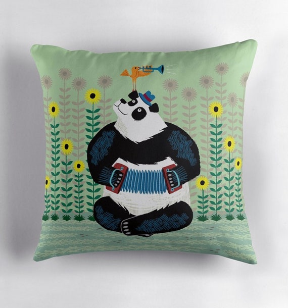 Panda Piazzolla and The Trumpet Bird - throw pillow / cushion cover including insert by Oliver Lake