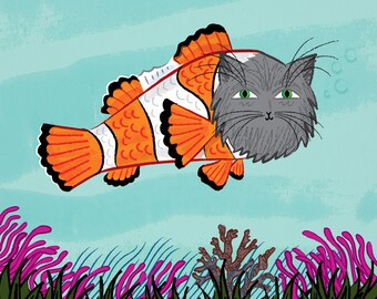 Catfish - cats / fish - art poster print by Oliver Lake - iOTA iLLUSTRATiON