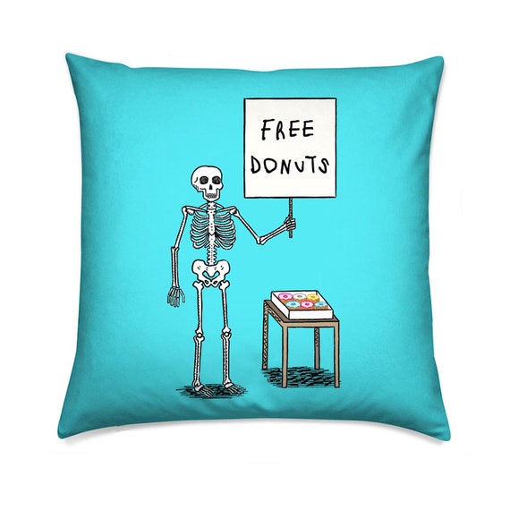 Donuts and Death, turquoise, skeleton design, decorative throw pillow, cushion including insert by Oliver Lake / iOTA iLLUSTRATION