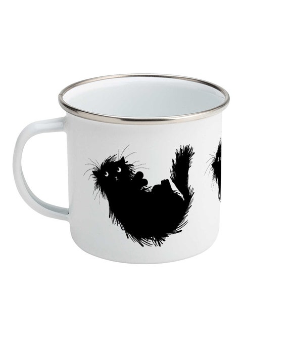 Moggy (no.3) - Enamel Camping Mug - Black cat Design - Illustrated Mug by Oliver Lake