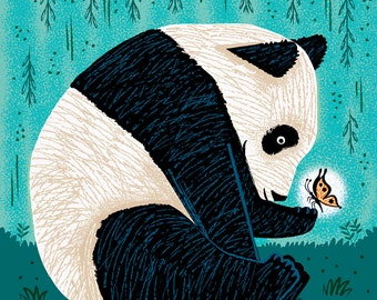 The Panda and The Butterfly, turquoise version, animal art print by Oliver Lake