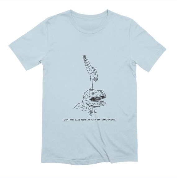 Dimitri and the Dinosaur, white, baby blue, soft pink, stone T-shirt, Tee by Oliver Lake