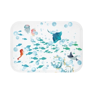 Colorful Ocean Life Bath Mat, Nautical Bathroom Decor, Sea Creature Accent Rug, Jellyfish and Seahorse Mat, Beachy Vibes Home Item