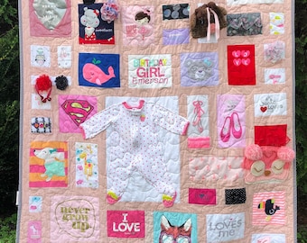 Baby Clothes Quilt for twins, memory, first year keepsake, blanket, throw, gift