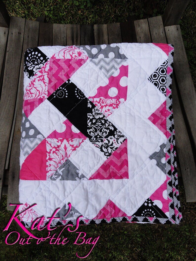 Baby Quilt Pink Gray & Black Quilt Tricolored Lattice Etsy