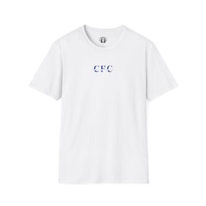 May include: White crew neck t-shirt with the letters "CFC" in blue and white on the front. The shirt has a small logo on the upper back. The t-shirt is made of a soft material.