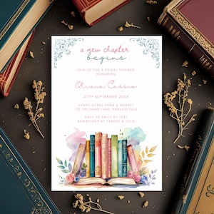 A New Chapter Begins Bridal Shower Invitation Template Watercolor Vintage Book Theme Digital Invite for Book Lover Her Next Chapter