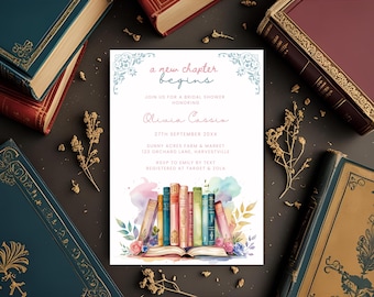 A New Chapter Begins Bridal Shower Invitation Template Watercolor Vintage Book Theme Digital Invite for Book Lover Her Next Chapter