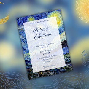 May include: A rectangular wedding invitation card featuring a blue and yellow swirling night sky art print border. The white centre panel displays the text: Together with their families, Erica & Andrew, Invite you to their wedding ceremony, June 18, 2025, 4:30 PM, The Willow Creek Gardens, 125 Riverside Drive, Portland, CA, Reception to follow.