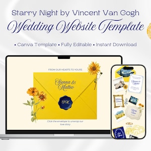 May include: A digital wedding website template featuring a yellow envelope with a blue wax seal, floral illustrations, and the text Starry Night by Vincent Van Gogh Wedding Website Template, Canva Template, Fully Editable, Instant Download.