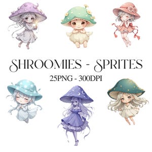 Shroomies Sprites – 25 Fantasy Mushroom Fairy Clipart PNGs | Magical Pastel Forest Bundle