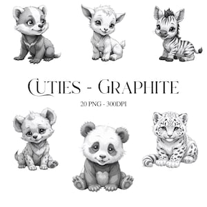 Cuties Graphite Clipart – 20 Black & White Baby Animals in Pencil Sketch Style | 4K PNG Bundle