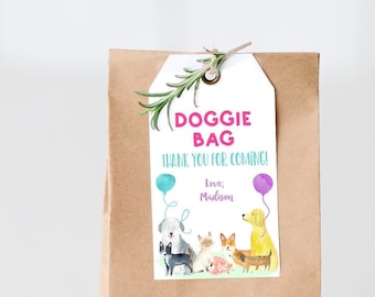 May include: A brown paper bag with a white gift tag that says "Doggie Bag" and "Thank you for coming! Love, Madison". The tag has a colorful illustration of dogs and balloons.