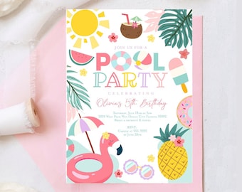 Pool party invitation, Girl pool party birthday invitation girl editable, Summer party invitation luau tropical invitation, Pink floaty