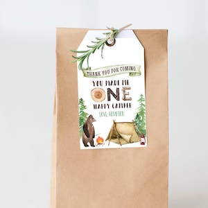One happy camper favor tag one happy camper party favor gift tag camping first birthday party tent campfire bonfire party favor treat