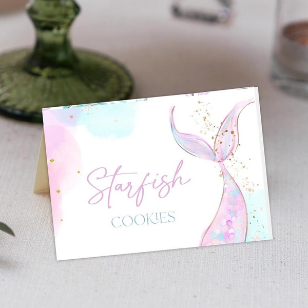 Mermaid buffet cards, Mermaid placecards tent cards, Oneder the sea birthday Under the sea food tent cards, Mermaid food tents placecards