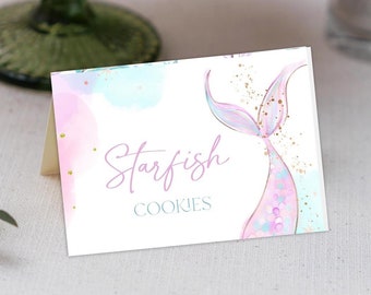 Mermaid buffet cards, Mermaid placecards tent cards, Oneder the sea birthday Under the sea food tent cards, Mermaid food tents placecards