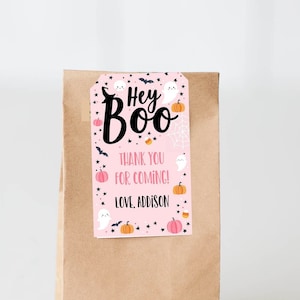 Editable pink halloween birthday party favor tag Spooky one Treat bag sticker Cookie sticker Halloween treat candy you’ve been booed
