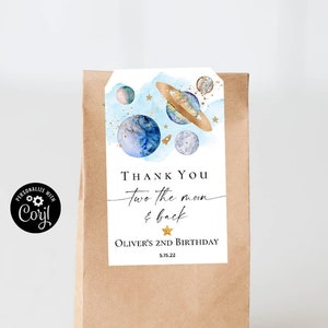 Two the moon birthday party favor tags gift tags party favors, Planets galaxy outer space 2nd birthday party favor tags second birthday