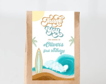 The BIG ONE party favor tags, The big one thank you gift party printable decorations, Surfboards surf birthday ocean sun first birthday