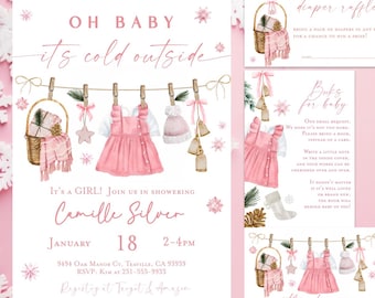 May include: A baby shower invitation suite with a pink and white color scheme. The main invitation features the text "OH BABY, it's cold outside" and details for Camille Silver's shower. Additional cards include a diaper raffle, book request, and thank you note.