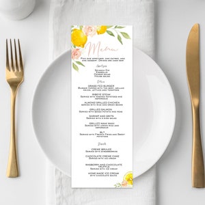 Modelo de menu LEMON, menu de chá de panela com limão, menu de chá de bebê com limão, menu editável, download instantâneo para impressão, almoço brunch rosa amarelo para impressão