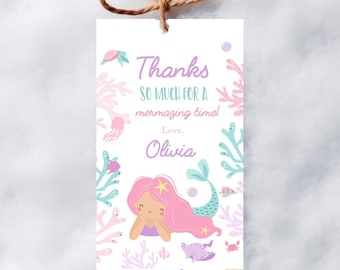 Etiqueta de favor de fiesta de sirena Etiqueta de regalo de fiesta de cumpleaños de sirena púrpura, Oneder el primer cumpleaños del mar Etiqueta de regalo de sirena en dos el mar se sumerge en cinco