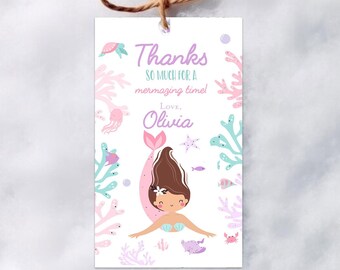 Etiqueta de favor de fiesta de sirena Etiqueta de regalo de fiesta de cumpleaños de sirena púrpura, Oneder el primer cumpleaños del mar Etiqueta de regalo de sirena en dos el mar se sumerge en cinco
