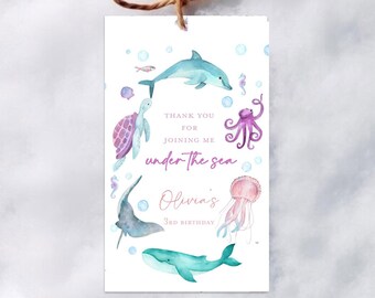 Debajo de la fiesta de cumpleaños del mar etiqueta de regalo etiqueta de regalo gracias, Oneder el mar bucear en cinco en dos el mar imprimible delfín ballena niña océano