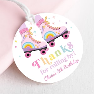 Rollschuh Geburtstagsgeschenk Anhänger, Skate Danke, Party Geschenkanhänger, Skate Party runder Aufkleber zum Ausdrucken, 4.5.6.7.8.9.10