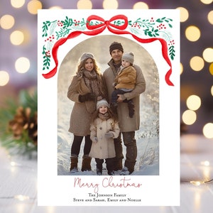 Cartão de Natal com foto de laço Cartão de Natal com foto de laço desenhado à mão Foto de família vegetação DIY Download instantâneo modelo de cartão de felicitações de Natal