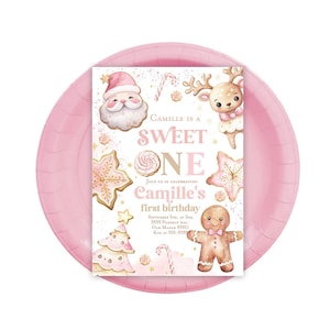 Sweet one cookie invitation, Girl Christmas cookie first birthday invitation, cookies candy invitation gingerbread santa deer invitation