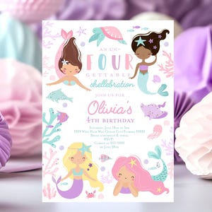 Editable Mermaid birthday invitation 4th birthday fourth birthday un-four-gettable shellebration Mermaid under the sea Pool party printable