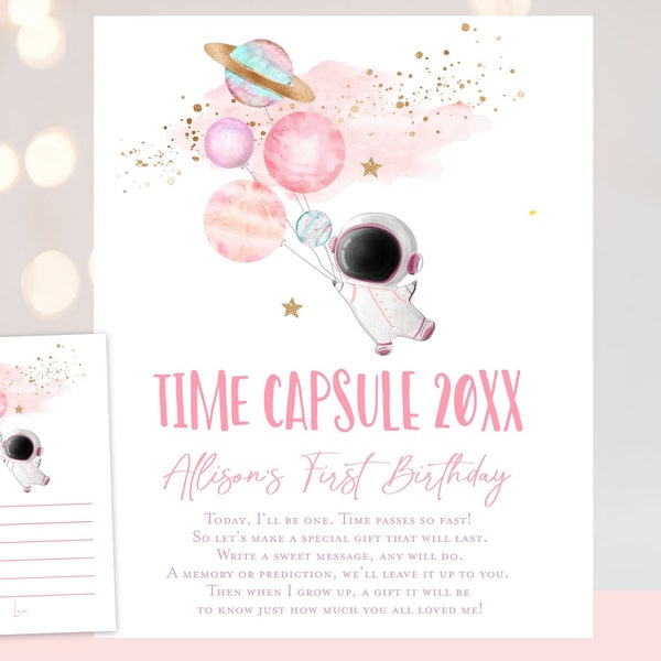 Girl Space birthday party time capsule, Pink astronaut time capsule, first trip around the sun birthday, to the moon, houston we have a one