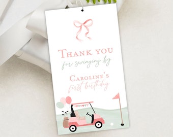 Hole in one birthday favor tags, Pink Golf birthday partee favor tags, girl Golf first birthday party thank you tag, Bow girl coquette