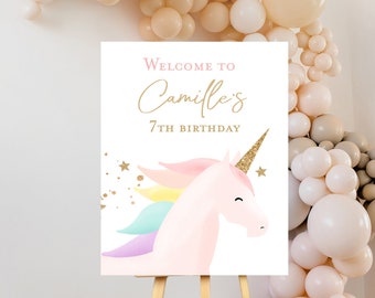 Editable Unicorn welcome sign, Unicorn birthday party sign with name, Unicorn poster Rainbows Unicorns Instant download modern minimalist