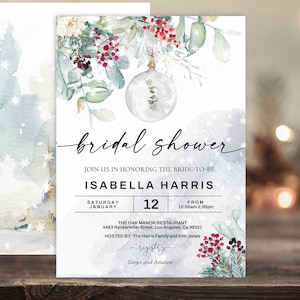 Editable WINTER Bridal Shower Invitation,  Greenery Eucalyptus Bridal Shower Invitation, Snow bridal shower Christmas red pine trees