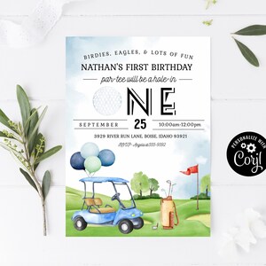 GOLF Pierwsze urodziny zaproszenie Golf Pierwsze urodziny zaproszenie hole in ONE, zaproszenie na przyjęcie urodzinowe golf sport wózek golfowy natychmiastowe pobranie