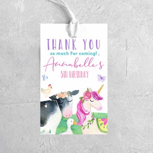 Editable Farm favor tag Magical petting zoo girl farm birthday party favor tag  gift tag party favor Unicorn Farm decorations, Cow duck