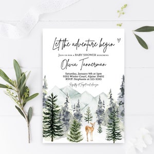 Mountains baby shower invitation, Forest Woods Woodland baby shower invitation, National Park Let the adventure begin, Pine Trees Deer