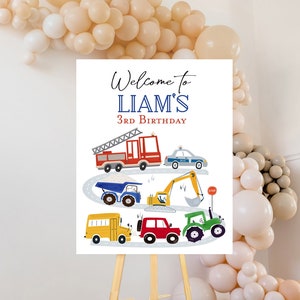 Plaque de bienvenue pour fête d'anniversaire de voitures et de camions Décorations de plaque de bienvenue pour fête d'anniversaire de transport Tracteur de construction Voiture de police Camion de pompier
