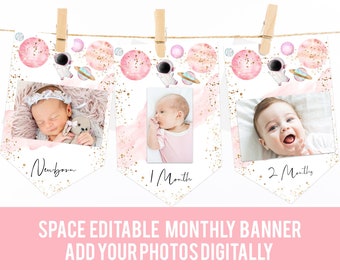 Girl Space Monthly Photo banner To the moon first trip around the sun birthday party decorations first birthday Planets pink astronaut