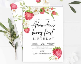 Strawberry First birthday invitation Berry Sweet Berry first birthday invitation watercolor strawberries birthday party instant download