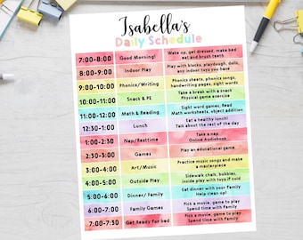 Kids Editable School schedule printable Rainbow Schedule for kids Daily Schedule Homeschool Instant download Chore chart Daily Planner