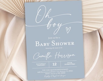 Può includere: Un invito a una baby shower azzurro chiaro con testo bianco. L'invito dice "Oh boy!" con un piccolo cuore. Include anche la data, l'ora e il luogo della doccia. La doccia è per Camille Harrison.