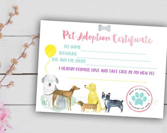 Puppy Party Adoption Certificate Adopt a pet puppy doggie certificate Dog party adopt a puppy Printable instant download