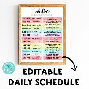 Kids School schedule printable Rainbow Schedule for kids Daily Schedule Homeschool Editable Printable Daily Planner Chore Chart Instant