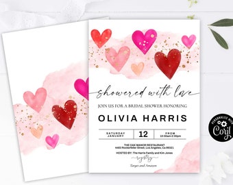 VALENTINE'S bridal shower invitation sweetheart Showered with love bridal wedding shower invitation Hearts Pink red watercolor