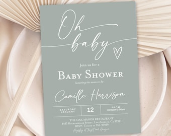 Bewerkbare mimimalist babyshower uitnodiging Oh baby Baby Shower Uitnodiging Sage Green Baby Shower Bewerkbare DIY Gender Neutrale uitnodiging